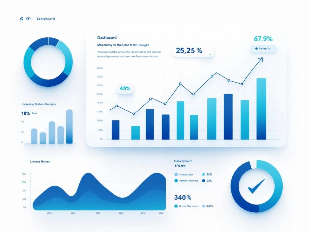 Minimalistisch dashboard met blauwe KPI-visualisaties, cirkeldiagrammen en stijgende grafieken op witte achtergrond