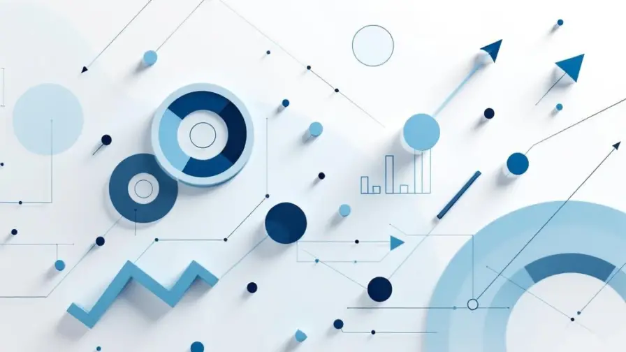 Minimalistische data visualisatie met blauwe geometrische vormen, grafieken en pijlen op witte achtergrond