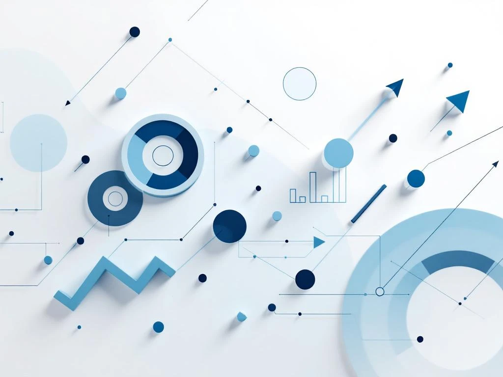 Minimalistische data visualisatie met blauwe geometrische vormen, grafieken en pijlen op witte achtergrond