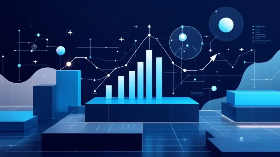 Abstracte datavisualisatie met grafieken en analytics symbolen op donkerblauwe achtergrond met cyan accenten