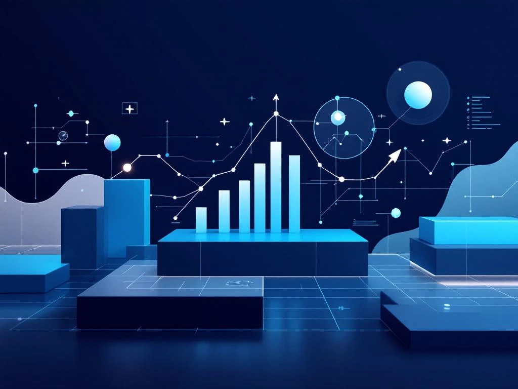 Abstracte datavisualisatie met grafieken en analytics symbolen op donkerblauwe achtergrond met cyan accenten