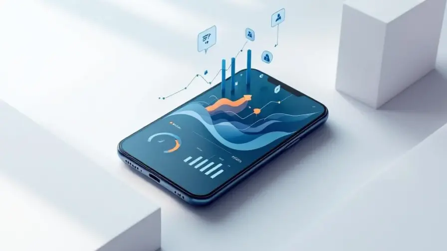 Moderne smartphone met datavisualisatie grafieken en notificaties op witte ondergrond in navy blauw en oranje