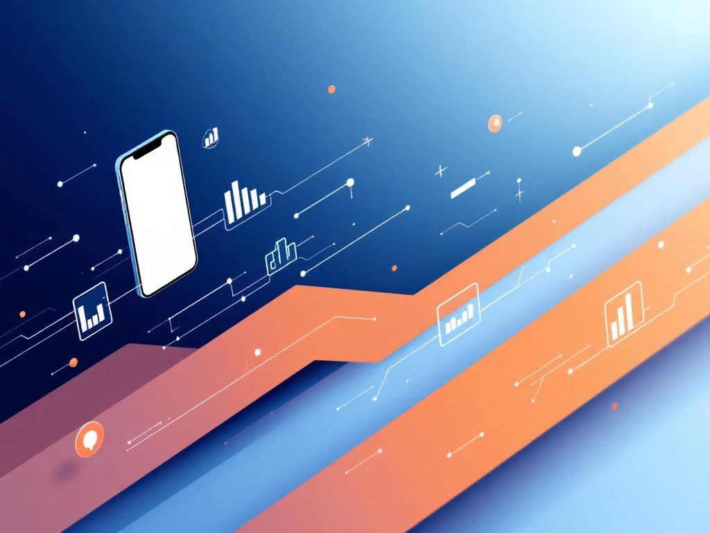 Digitale apparaten smartphone laptop tablet met data visualisatie elementen op blauwe gradient achtergrond