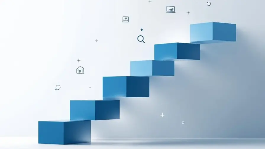 Blauwe en witte geometrische trap naar laptop met digitale marketing symbolen zoals grafieken en zoekglas