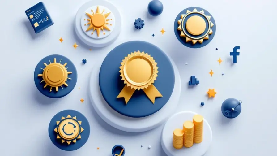 Gouden certificaatbadges zwevend tussen digitale marketing iconen op witte achtergrond met blauwe accenten