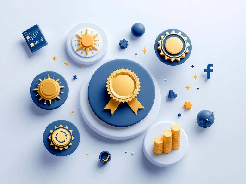 Gouden certificaatbadges zwevend tussen digitale marketing iconen op witte achtergrond met blauwe accenten