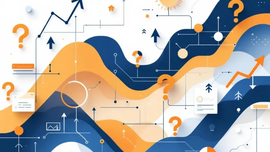 Abstracte geometrische vormen tonen digitale marketing complexiteit met pijlen, netwerken en vraagtekens in blauw en oranje