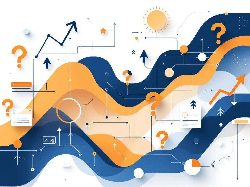 Abstracte geometrische vormen tonen digitale marketing complexiteit met pijlen, netwerken en vraagtekens in blauw en oranje