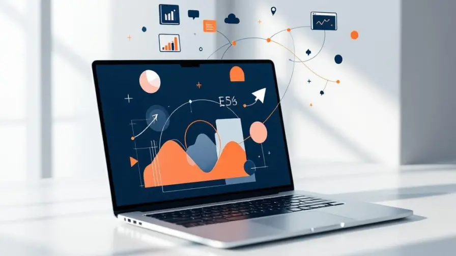 Laptop met digitale marketing grafiekjes en pictogrammen in blauw, grijs en oranje op witte ondergrond