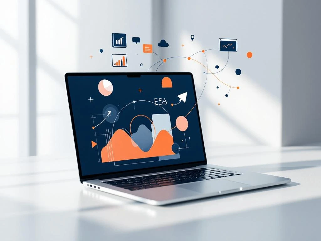 Laptop met digitale marketing grafiekjes en pictogrammen in blauw, grijs en oranje op witte ondergrond
