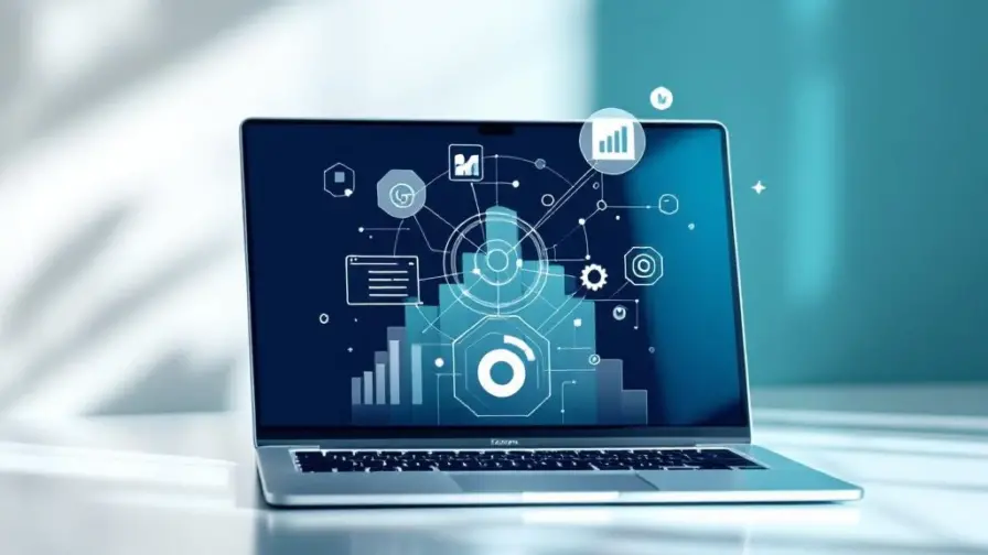 Laptop met digitale marketingiconen die erboven zweven: grafieken, doelsymbolen en verbindingslijnen in navy en teal
