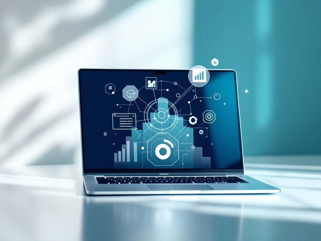 Laptop met digitale marketingiconen die erboven zweven: grafieken, doelsymbolen en verbindingslijnen in navy en teal