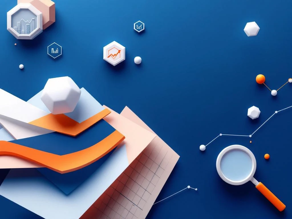 Minimalistische geometrische compositie met hexagonale iconen, analytics grafieken en vergrootglas voor digitale marketing