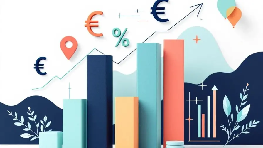 Minimalistische financiële infographic met rekenmachine, stijgende grafieken en euro-symbolen in navy, mint en koraal