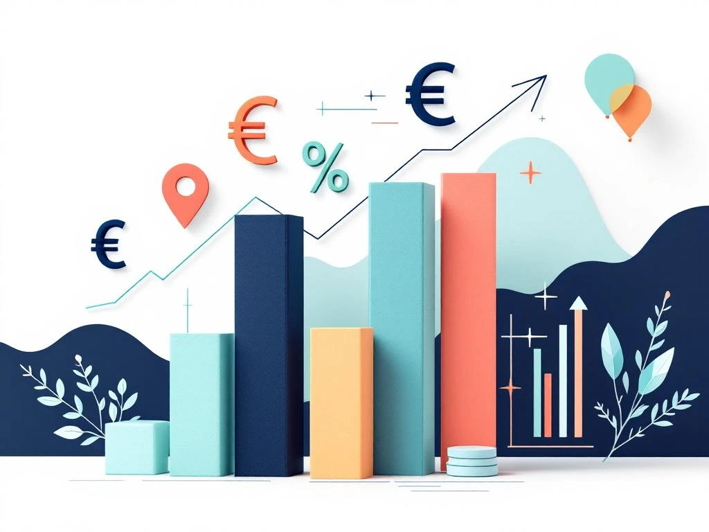 Minimalistische financiële infographic met rekenmachine, stijgende grafieken en euro-symbolen in navy, mint en koraal