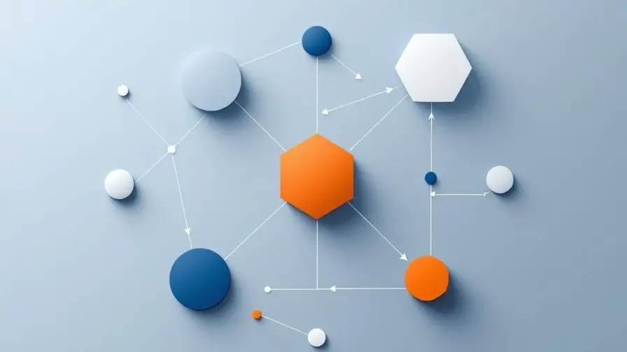 Netwerk van verbonden geometrische vormen met oranje zeshoek als centrale hub, voorstellend interdepartementale samenwerking