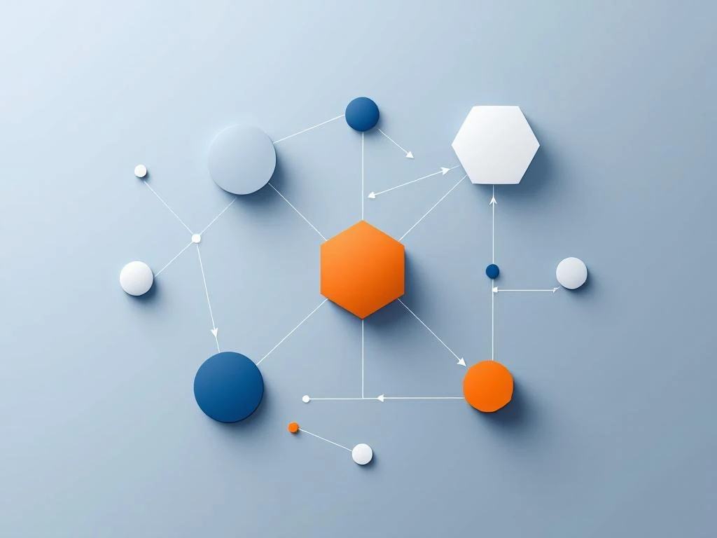 Netwerk van verbonden geometrische vormen met oranje zeshoek als centrale hub, voorstellend interdepartementale samenwerking