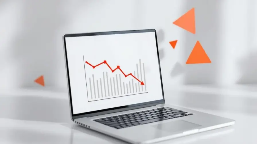 Laptop toont dalende analytics grafieken met rode pijlen en waarschuwingssymbolen, marketingfouten concept