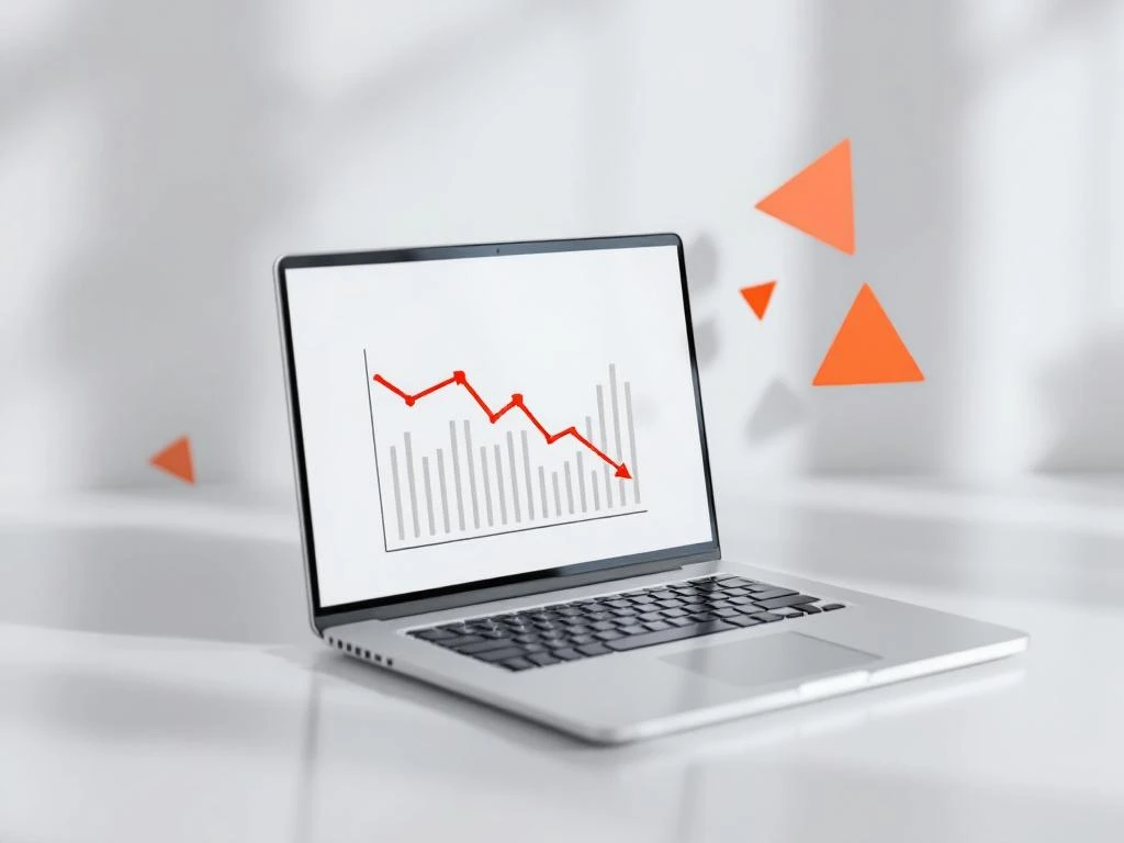 Laptop toont dalende analytics grafieken met rode pijlen en waarschuwingssymbolen, marketingfouten concept