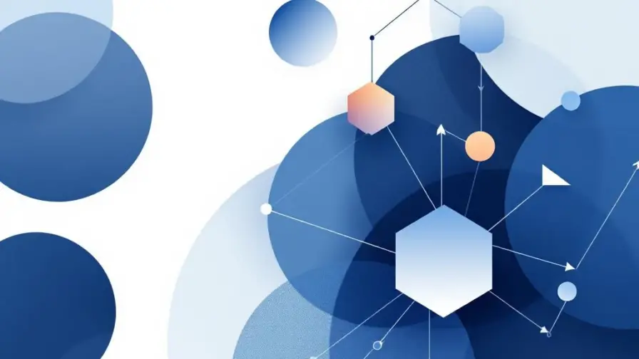 Geometrische marketingconcept illustratie met onderling verbonden zeshoekige knooppunten en pijlen in blauw-wit kleurenpalet