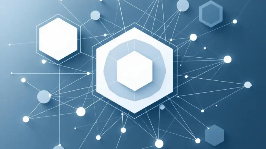 Netwerk diagram met blauwe zeshoeken voor organisaties verbonden door lijnen met kleinere cirkels voor marketeers