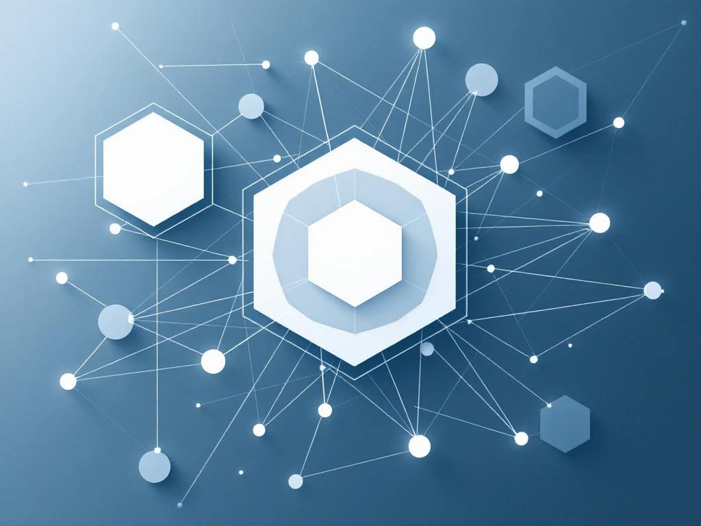 Netwerk diagram met blauwe zeshoeken voor organisaties verbonden door lijnen met kleinere cirkels voor marketeers