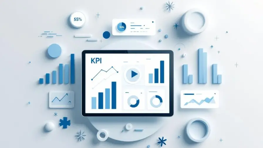 Digitale tablet toont KPI-metrics omringd door blauwe grafieken, voortgangsindicatoren en analytics-symbolen op grijze achtergrond