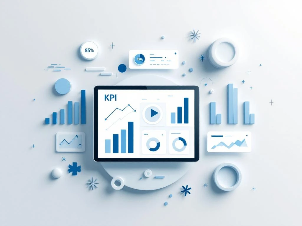 Digitale tablet toont KPI-metrics omringd door blauwe grafieken, voortgangsindicatoren en analytics-symbolen op grijze achtergrond