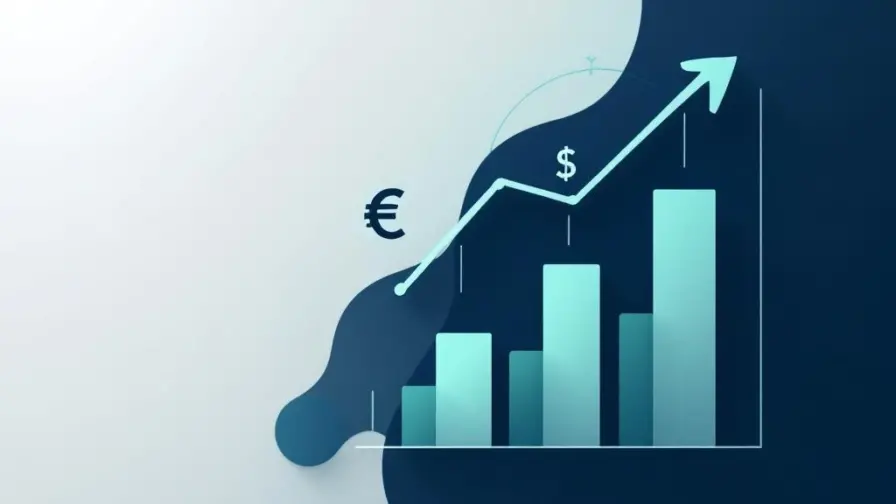 Moderne calculator met euro-symbolen en stijgende staafgrafieken op marineblauwe naar grijze achtergrond voor salarisberekening