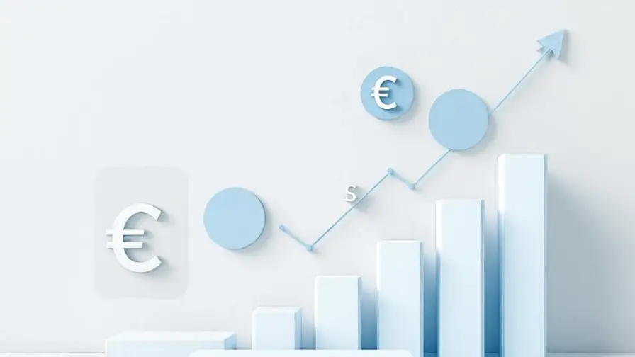 Minimalistische compositie met euro-symbolen, stijgende grafieken en calculator-elementen in wit en blauw voor financiële expertise