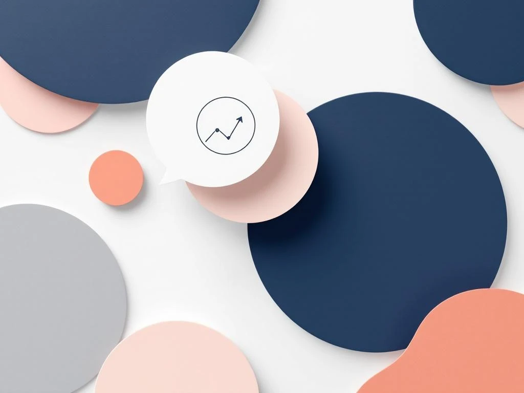 Abstracte geometrische iconen voor soft skills: communicatie, analyse, creativiteit en aanpasbaarheid in navy, koraal en grijs