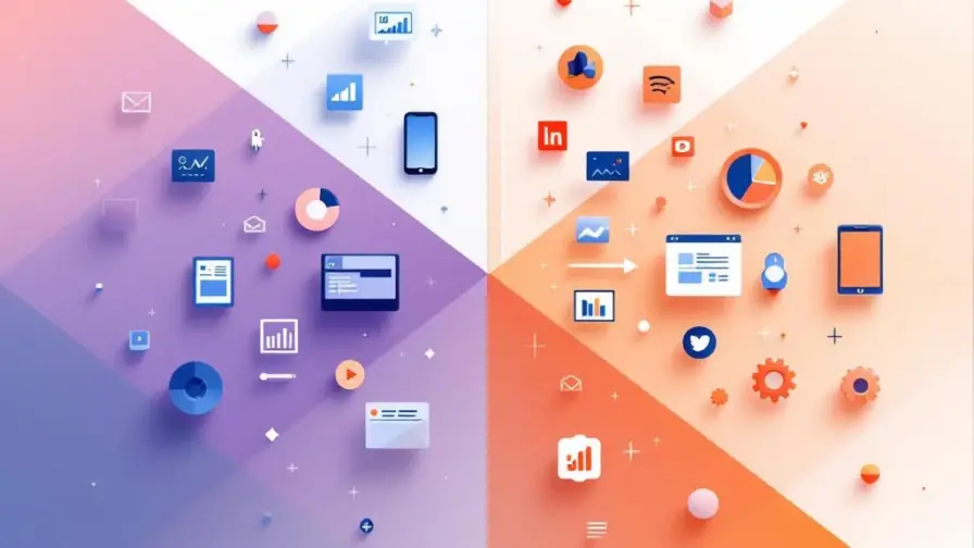 Split-screen vergelijking met webgerichte pictogrammen in blauw links en digitale elementen in oranje rechts