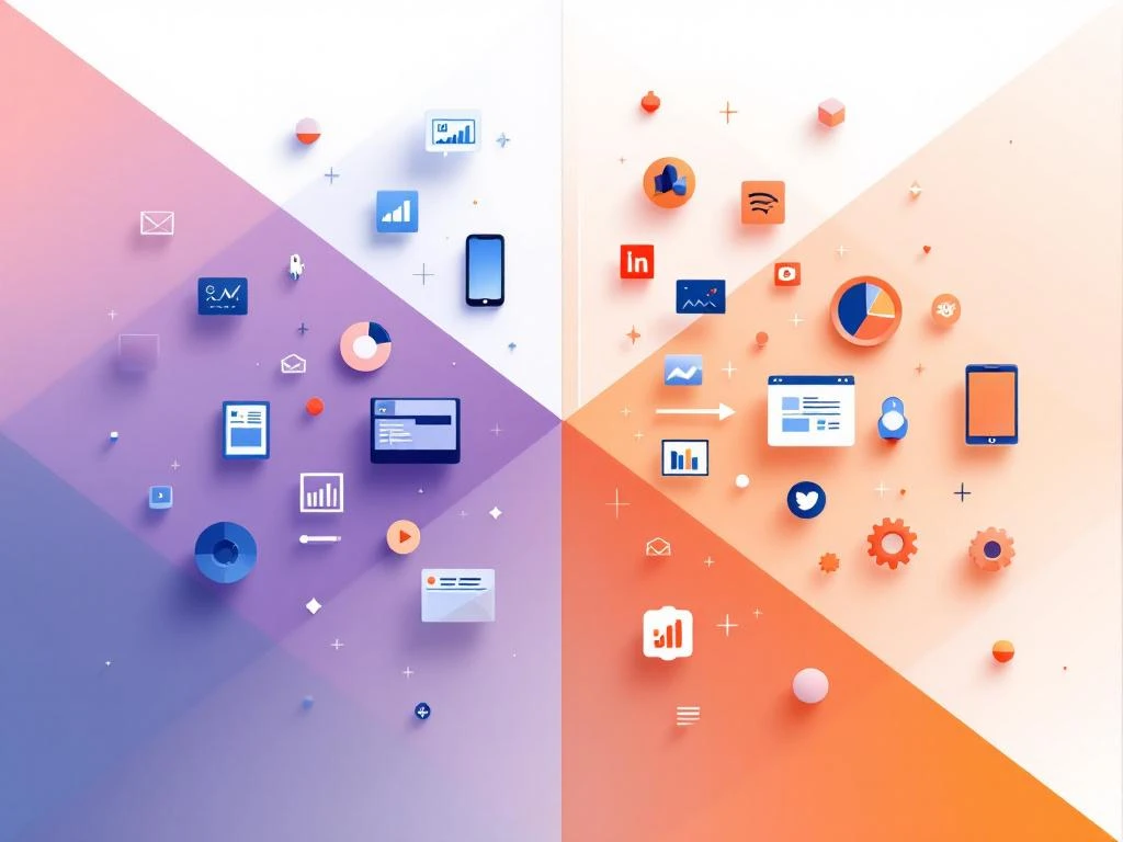 Split-screen vergelijking met webgerichte pictogrammen in blauw links en digitale elementen in oranje rechts