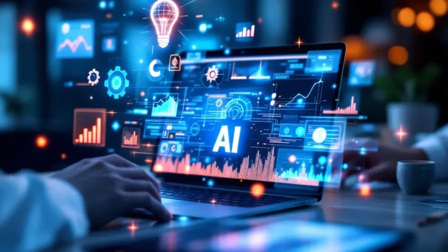 Moderne laptop met AI-interface en holografische marketingiconen op werkplek met dramatische verlichting