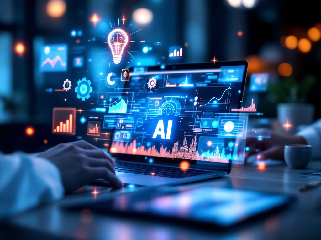 Moderne laptop met AI-interface en holografische marketingiconen op werkplek met dramatische verlichting