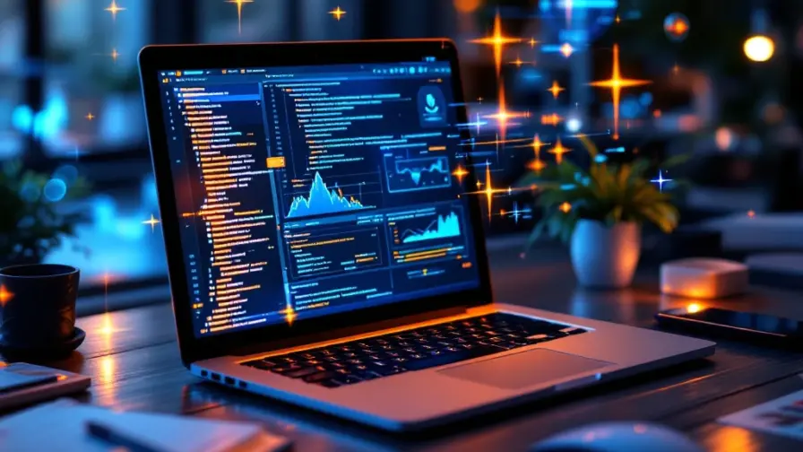 Laptop met AI-interface en code op scherm, omringd door datavisualisaties en digitale marketingtools in moderne werkruimte