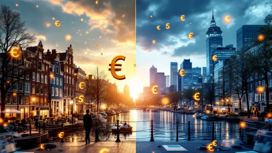 Split-screen vergelijking Amsterdam grachtenhuizen versus moderne stad met euro symbolen en salariscijfers voor recruitment