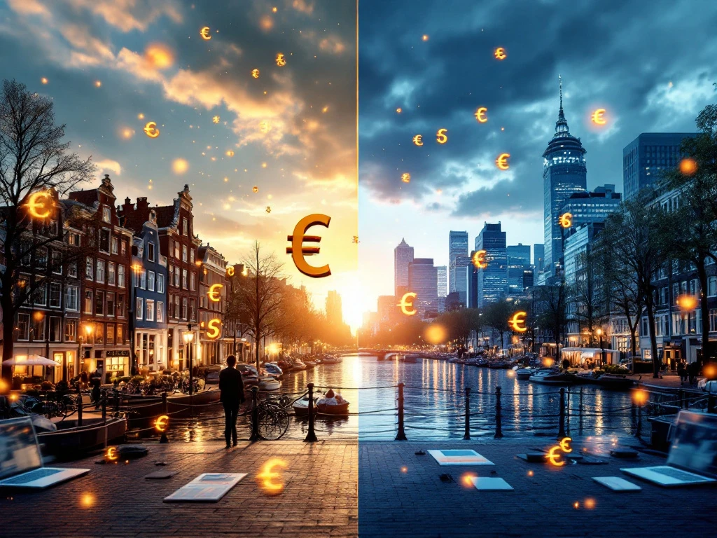 Split-screen vergelijking Amsterdam grachtenhuizen versus moderne stad met euro symbolen en salariscijfers voor recruitment