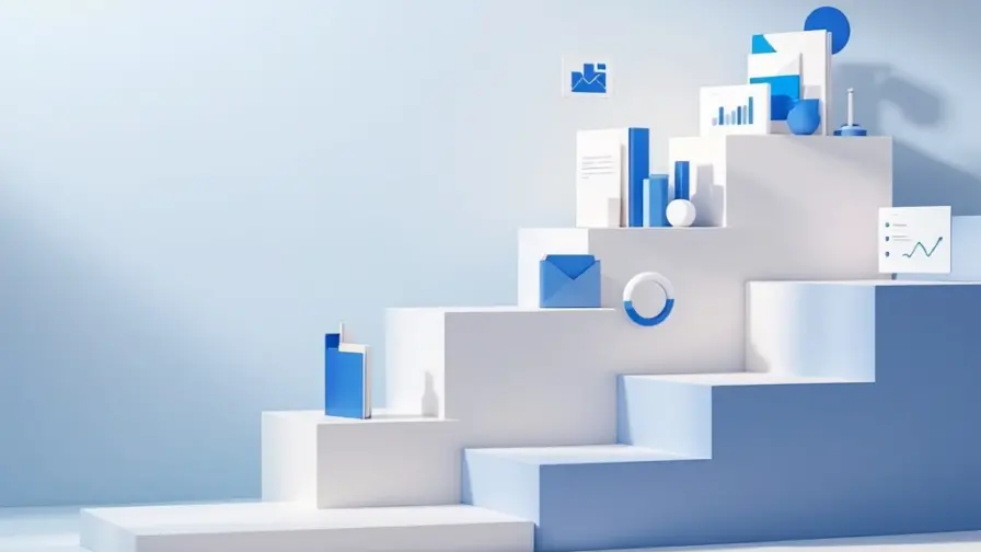 Geometrische bouwstenen in blauw en wit gerangschikt als trap, met grafieken en mappen voor B2B marketingportfolio