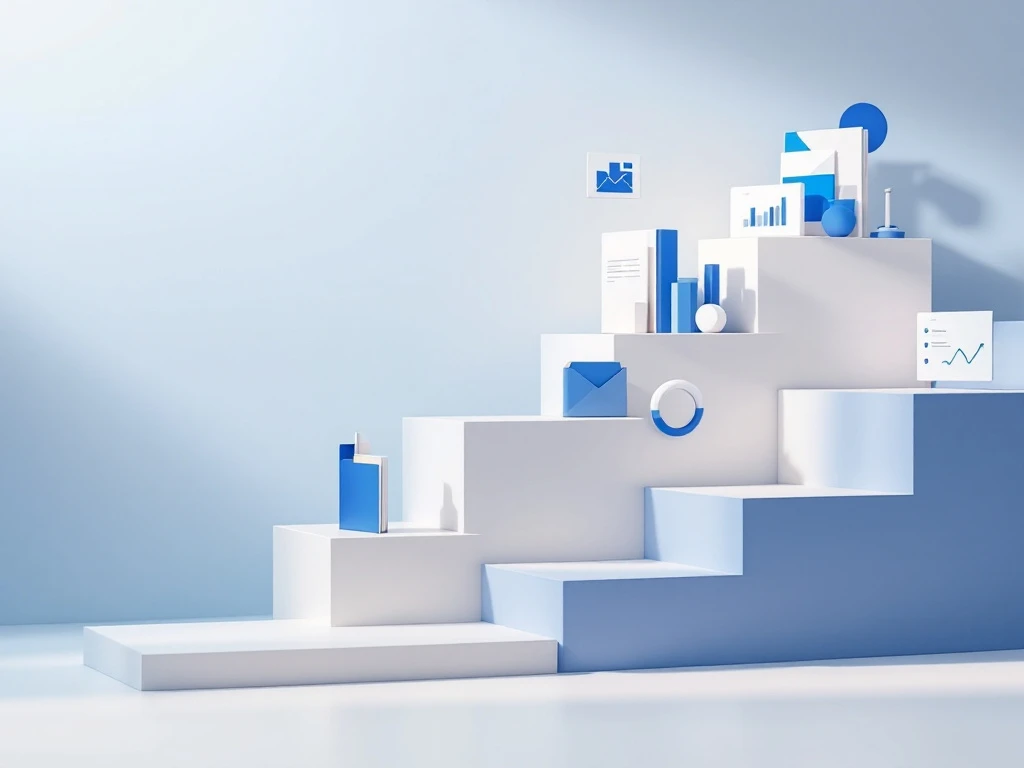 Geometrische bouwstenen in blauw en wit gerangschikt als trap, met grafieken en mappen voor B2B marketingportfolio