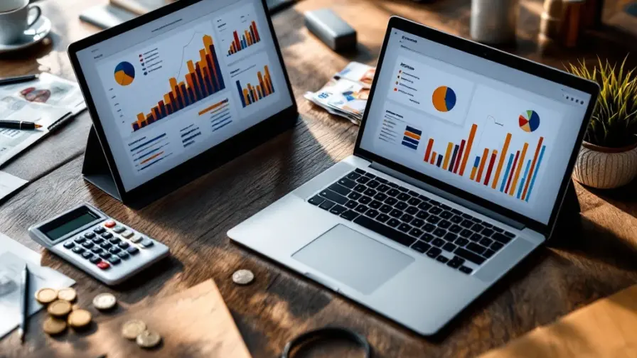 Moderne kantoorbureau met laptop die financiële grafieken toont, eurobiljetten, calculator en budgetplanningsdocumenten