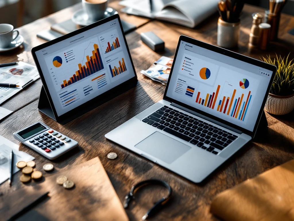 Moderne kantoorbureau met laptop die financiële grafieken toont, eurobiljetten, calculator en budgetplanningsdocumenten