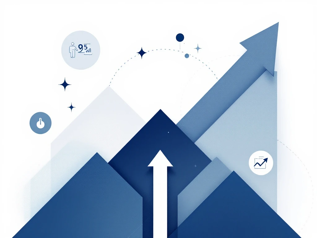 Geometrische carrièrevoortgang illustratie met opwaartse pijl, trapvormige elementen en prestatie-indicatoren in blauw en grijs