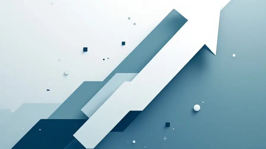 Geometrische pijl omhoog wijzend naar aktetas pictogram met blauwe vormen op grijze achtergrond voor carrièregroei