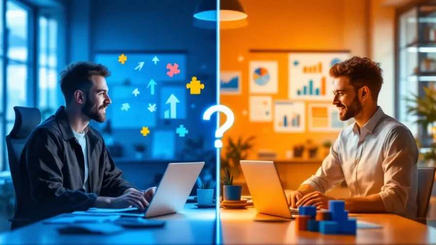 Split-screen vergelijking van carrièrepaden: verse afgestudeerde met laptop links, ervaren professional met grafieken rechts
