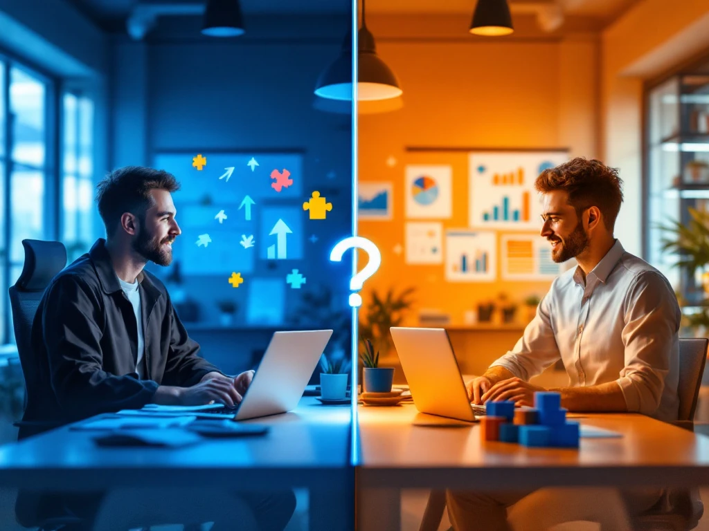 Split-screen vergelijking van carrièrepaden: verse afgestudeerde met laptop links, ervaren professional met grafieken rechts