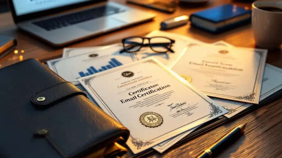 Gouden en zilveren certificaten op houten bureau met leren portfolio, laptop met analytics en professionele accessoires