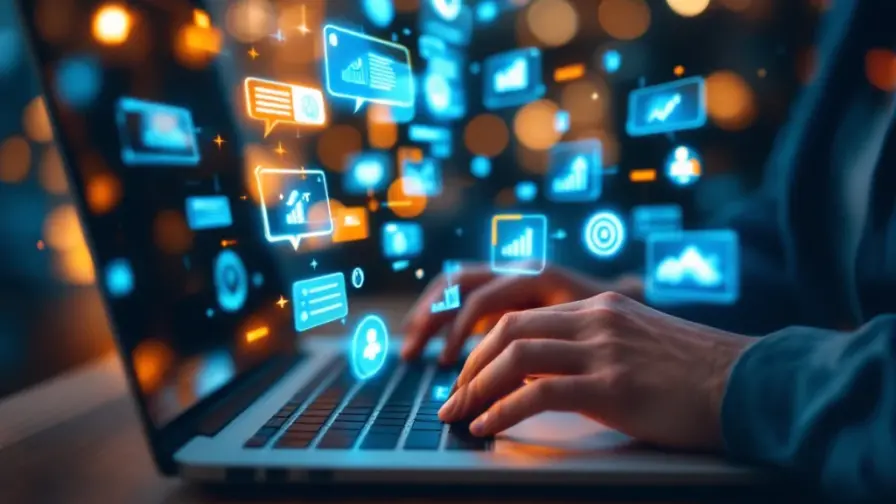 Handen typen op laptop met ChatGPT interface omringd door holografische marketingiconen en groeigrafieken