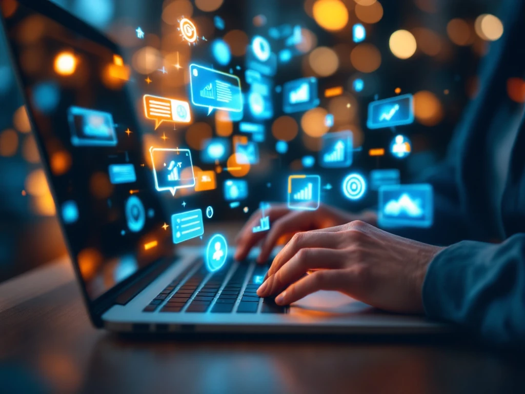 Handen typen op laptop met ChatGPT interface omringd door holografische marketingiconen en groeigrafieken