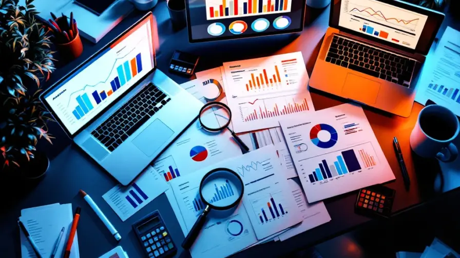 Bovenaanzicht van moderne werkplek met laptops die analytics dashboards en concurrentieanalyse rapporten tonen